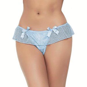 Skirted Blue Thong Womens Plus Size 3x4x Satin and Dot Mesh Panty